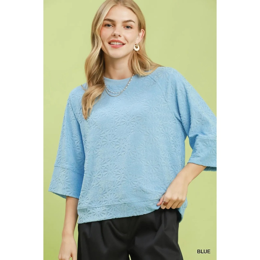 Umgee Round Neck Textured Floral Terry Blouse - Blue - Large